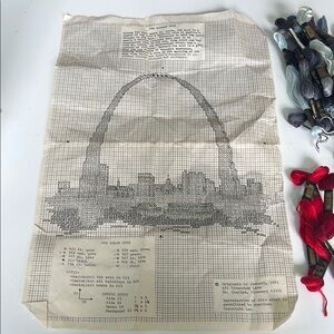 Vintage St Louis Arch and city skyline Cross Stitch Pattern Complete with Floss